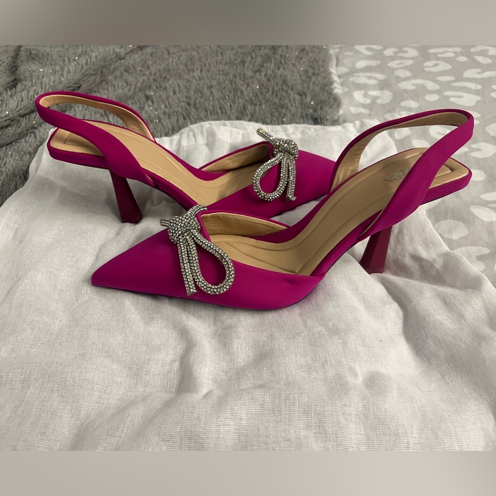 Zara Fuchsia Slingback Heels with Rhinestone Bow